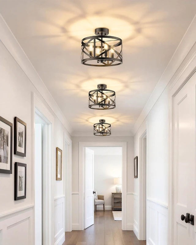 Alt view image 7 of 7 - Matane Semi Flush Mount Ceiling Light, 4-Light 12inch Farmhouse Modern Light Fixture with X-Shape Cage, Industrial Rustic Ceiling Lamp for Kitchen, Dining Room, Bedroom, Hallway, Laundry Room, Black