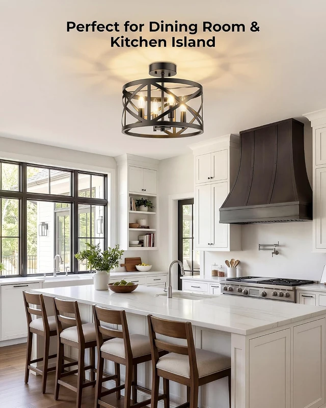 Alt view image 5 of 7 - Matane Semi Flush Mount Ceiling Light, 4-Light 12inch Farmhouse Modern Light Fixture with X-Shape Cage, Industrial Rustic Ceiling Lamp for Kitchen, Dining Room, Bedroom, Hallway, Laundry Room, Black