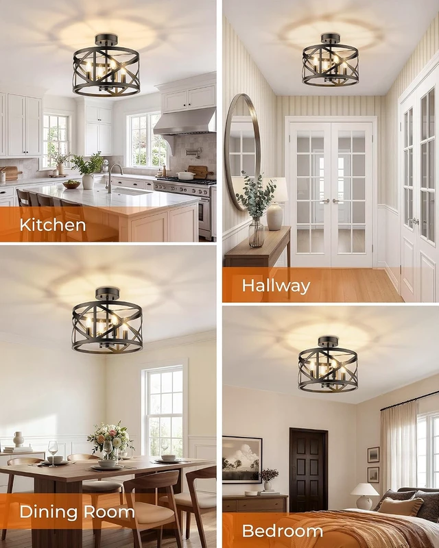 Alt view image 6 of 7 - Matane Semi Flush Mount Ceiling Light, 4-Light 12inch Farmhouse Modern Light Fixture with X-Shape Cage, Industrial Rustic Ceiling Lamp for Kitchen, Dining Room, Bedroom, Hallway, Laundry Room, Black