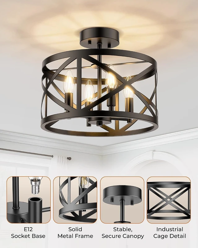 Alt view image 4 of 7 - Matane Semi Flush Mount Ceiling Light, 4-Light 12inch Farmhouse Modern Light Fixture with X-Shape Cage, Industrial Rustic Ceiling Lamp for Kitchen, Dining Room, Bedroom, Hallway, Laundry Room, Black