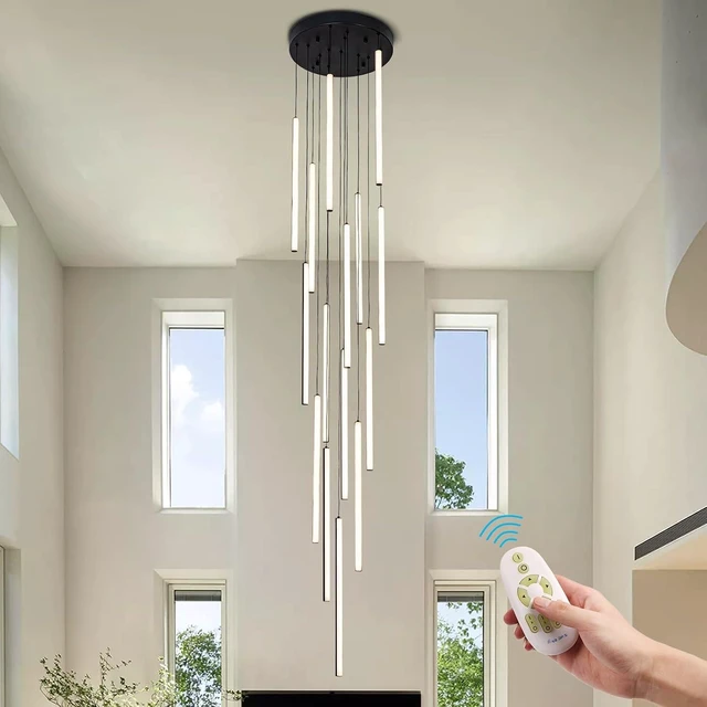 Main image of HuisMier Modern LED Staircase Chandelier, 15 Lights Long Foyer Chandeliers Black Linear Pendant Light with Remote, Dimmable High Ceiling Chandelier for Stairs Living Room Entrance, 3000K-6000K