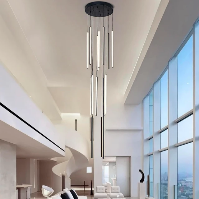 Alt view image 2 of 7 - HuisMier Modern LED Staircase Chandelier, 15 Lights Long Foyer Chandeliers Black Linear Pendant Light with Remote, Dimmable High Ceiling Chandelier for Stairs Living Room Entrance, 3000K-6000K