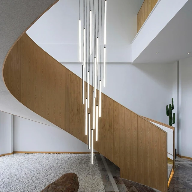 Alt view image 6 of 7 - HuisMier Modern LED Staircase Chandelier, 15 Lights Long Foyer Chandeliers Black Linear Pendant Light with Remote, Dimmable High Ceiling Chandelier for Stairs Living Room Entrance, 3000K-6000K