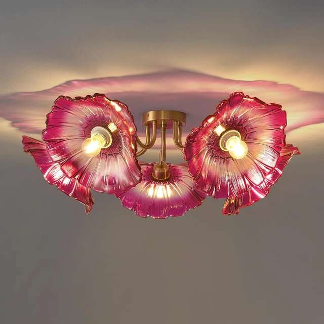 Main image of Flower Red Glass Ceiling Light - 5 Lights Vintage Mid Century Chandelier