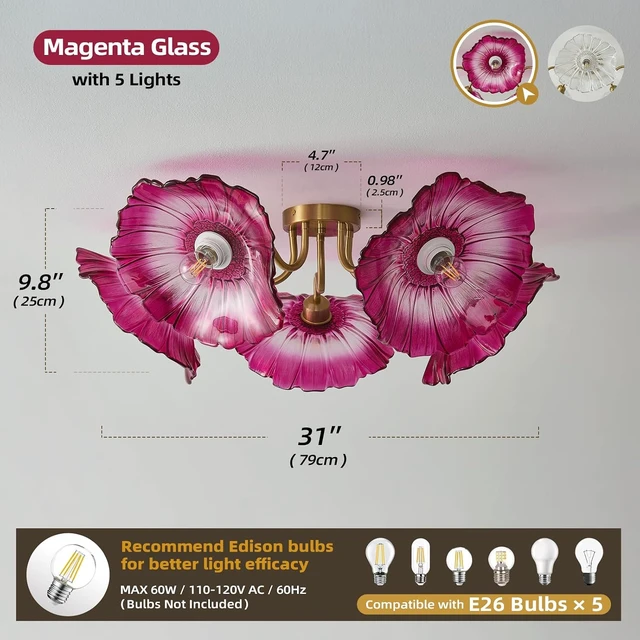 Alt view image 2 of 7 - Flower Red Glass Ceiling Light - 5 Lights Vintage Mid Century Chandelier