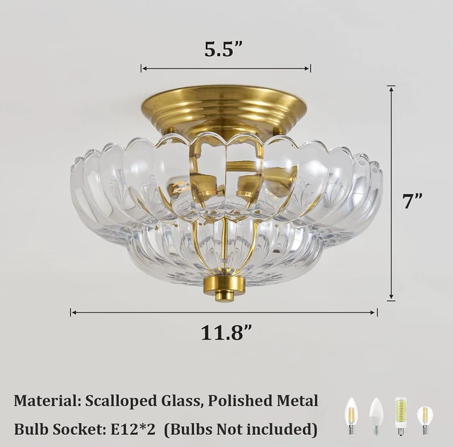 Alt view image 5 of 7 - 12" Brass Gold Vintage Scalloped Glass Semi Flush Ceiling Light