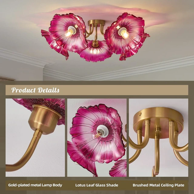 Alt view image 4 of 7 - Flower Red Glass Ceiling Light - 5 Lights Vintage Mid Century Chandelier