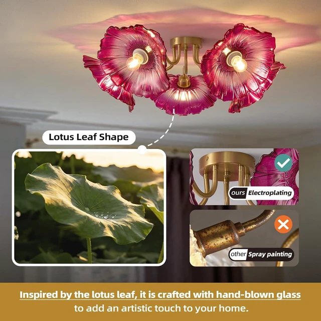Alt view image 3 of 7 - Flower Red Glass Ceiling Light - 5 Lights Vintage Mid Century Chandelier