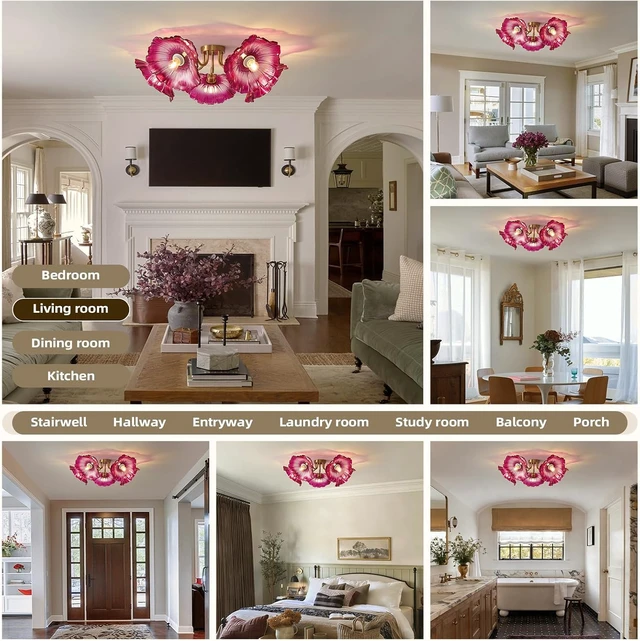 Alt view image 6 of 7 - Flower Red Glass Ceiling Light - 5 Lights Vintage Mid Century Chandelier