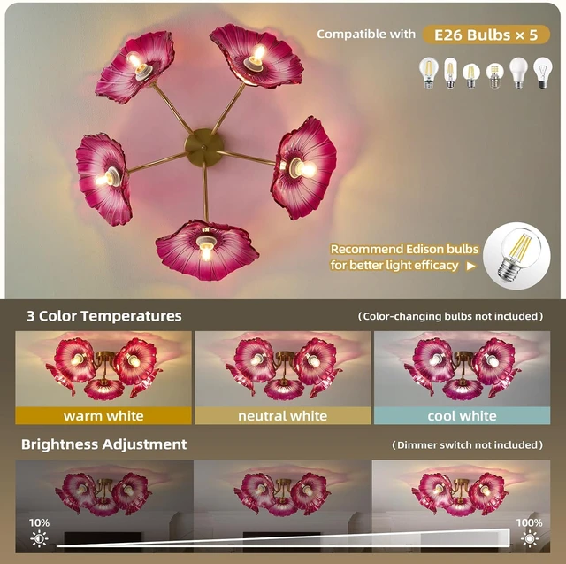 Alt view image 7 of 7 - Flower Red Glass Ceiling Light - 5 Lights Vintage Mid Century Chandelier