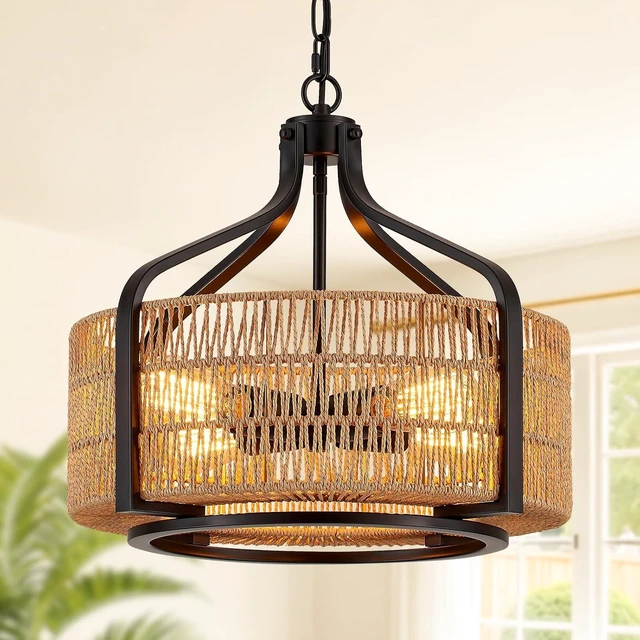 Main image of 17.8" Boho Rattan Chandelier, 4-Light Black Drum Light Fixture