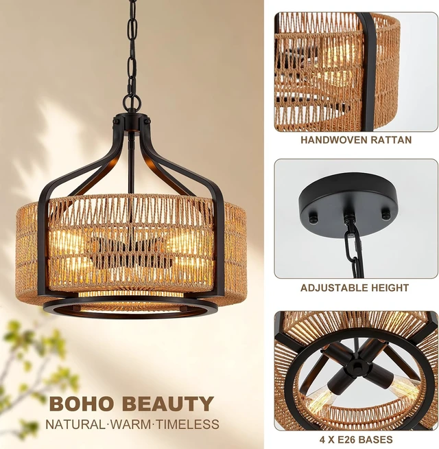 Alt view image 4 of 7 - 17.8" Boho Rattan Chandelier, 4-Light Black Drum Light Fixture