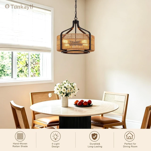 Alt view image 2 of 7 - 17.8" Boho Rattan Chandelier, 4-Light Black Drum Light Fixture