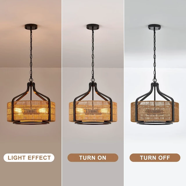Alt view image 5 of 7 - 17.8" Boho Rattan Chandelier, 4-Light Black Drum Light Fixture