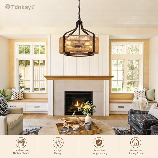 Alt view image 6 of 7 - 17.8" Boho Rattan Chandelier, 4-Light Black Drum Light Fixture