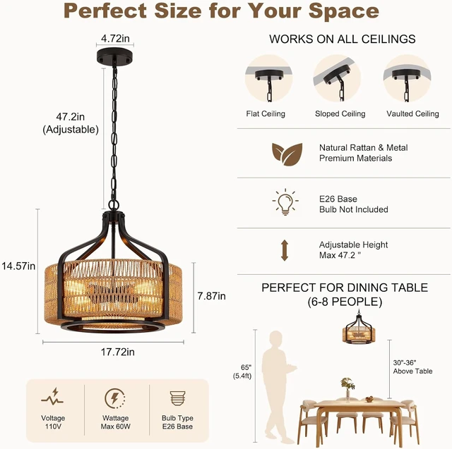 Alt view image 3 of 7 - 17.8" Boho Rattan Chandelier, 4-Light Black Drum Light Fixture