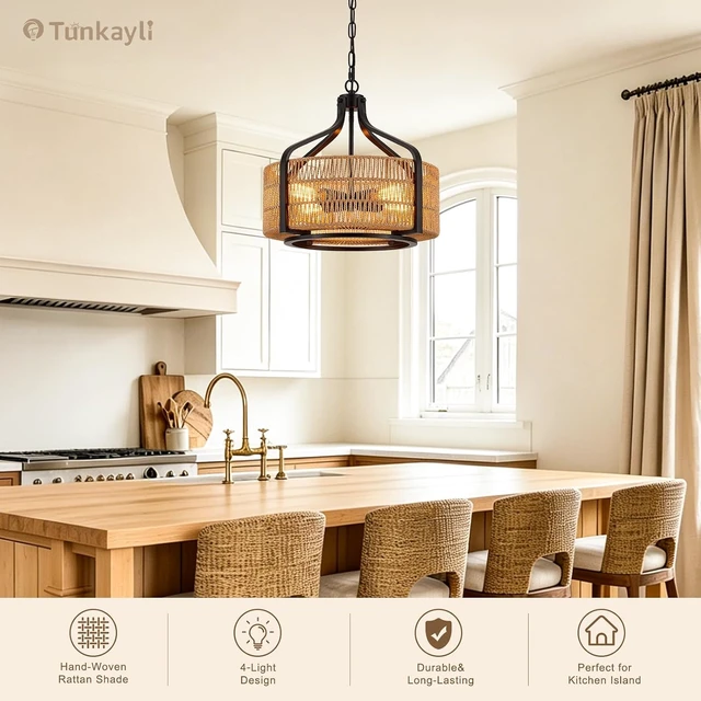 Alt view image 7 of 7 - 17.8" Boho Rattan Chandelier, 4-Light Black Drum Light Fixture