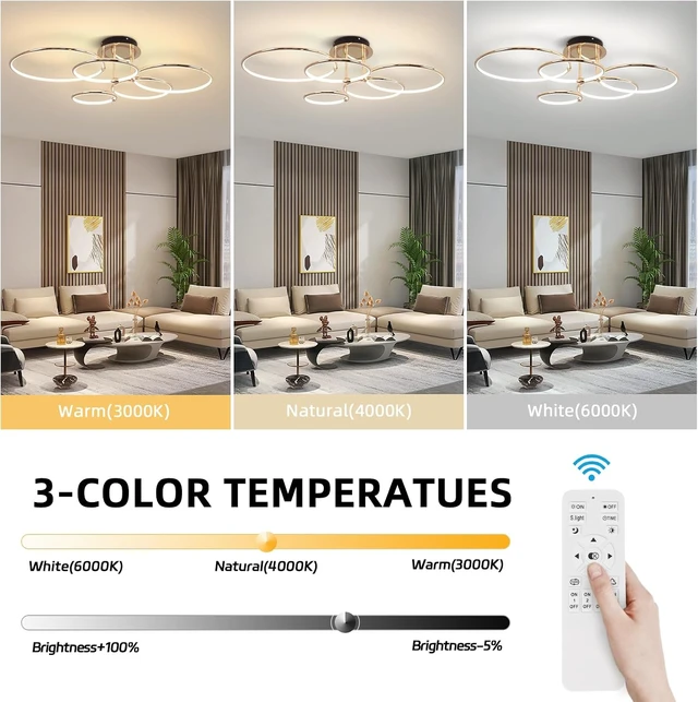 Alt view image 3 of 7 - CANEOE Modern Ceiling Light Fixture,Gold Dimmable Led Ceiling Light with Remote Control for Living Room,5 Rings Flush Mount Ceiling Lamp for Living Room Bedroom Kitchen Lighting Fixtures Ceiling