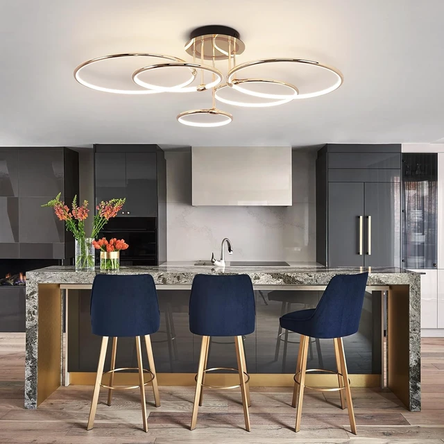 Alt view image 2 of 7 - CANEOE Modern Ceiling Light Fixture,Gold Dimmable Led Ceiling Light with Remote Control for Living Room,5 Rings Flush Mount Ceiling Lamp for Living Room Bedroom Kitchen Lighting Fixtures Ceiling