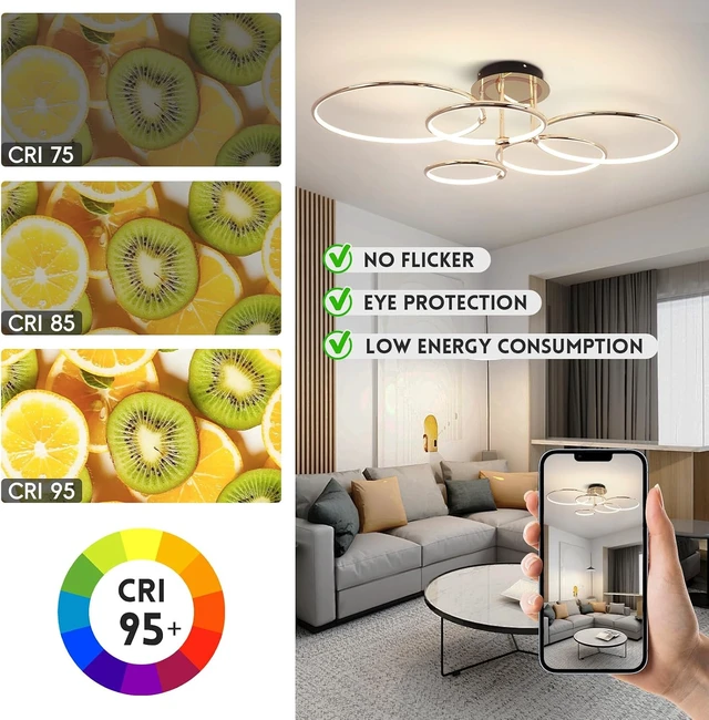 Alt view image 4 of 7 - CANEOE Modern Ceiling Light Fixture,Gold Dimmable Led Ceiling Light with Remote Control for Living Room,5 Rings Flush Mount Ceiling Lamp for Living Room Bedroom Kitchen Lighting Fixtures Ceiling