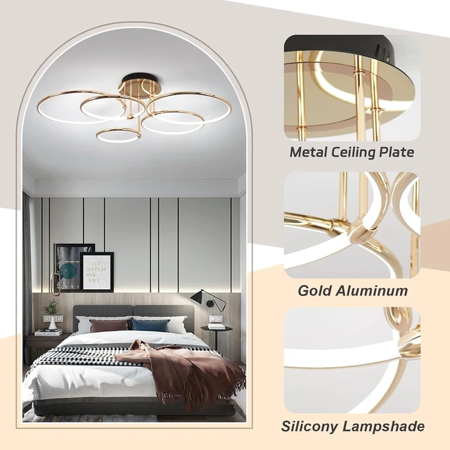 Alt view image 5 of 7 - CANEOE Modern Ceiling Light Fixture,Gold Dimmable Led Ceiling Light with Remote Control for Living Room,5 Rings Flush Mount Ceiling Lamp for Living Room Bedroom Kitchen Lighting Fixtures Ceiling