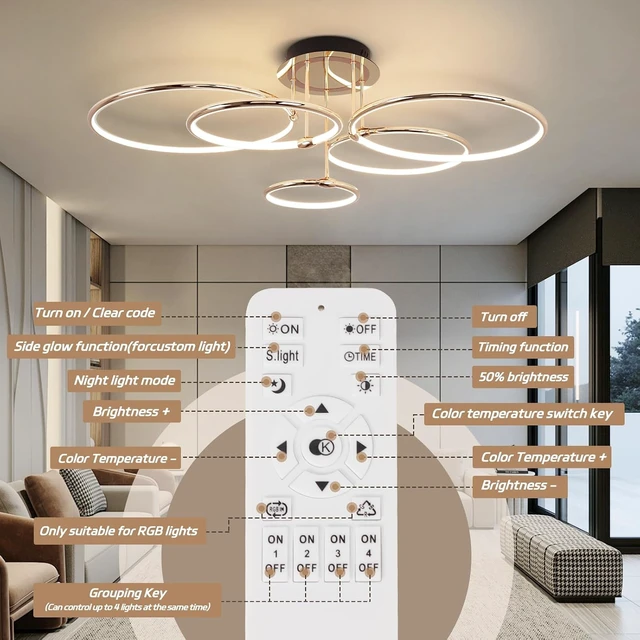 Alt view image 7 of 7 - CANEOE Modern Ceiling Light Fixture,Gold Dimmable Led Ceiling Light with Remote Control for Living Room,5 Rings Flush Mount Ceiling Lamp for Living Room Bedroom Kitchen Lighting Fixtures Ceiling