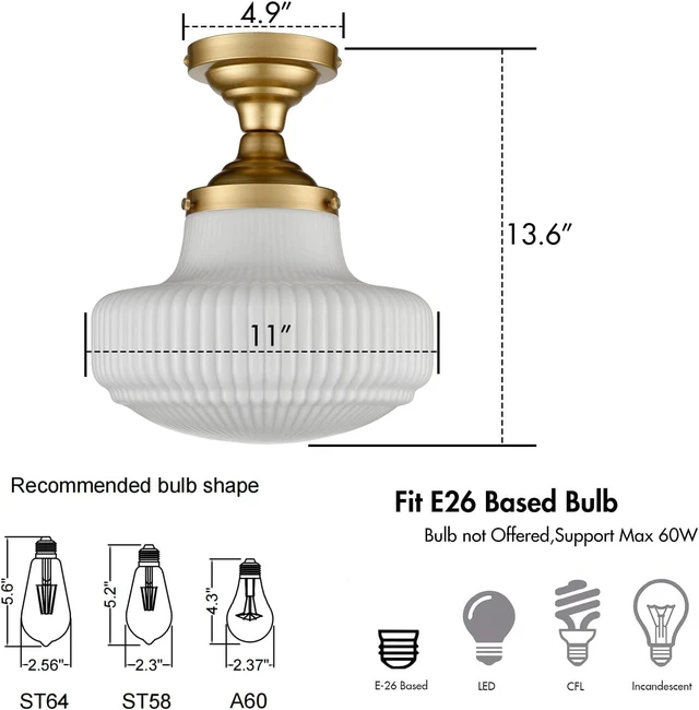 Alt view image 3 of 7 - CLAXY Modern Gold Schoolhouse Ceiling Light Semi-Flush Mount Ribbed Shade