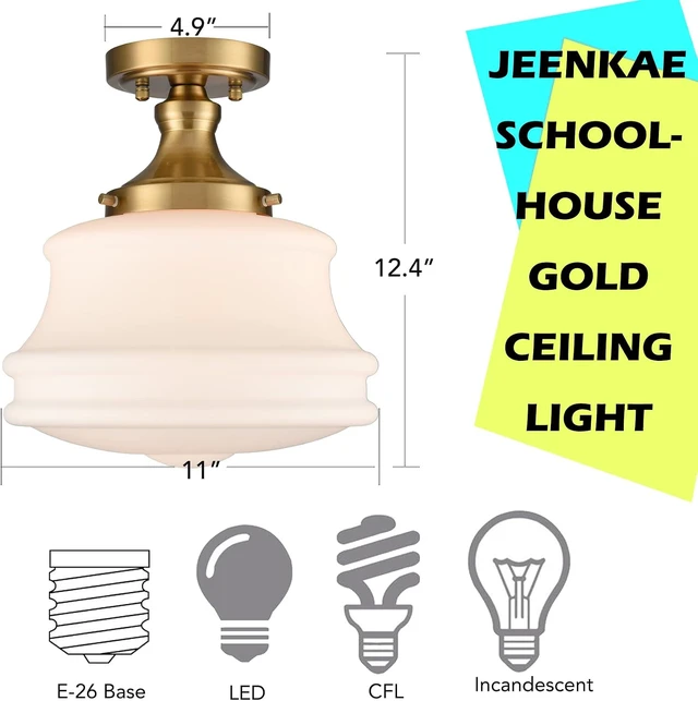 Alt view image 3 of 7 - Modern Brass Schoolhouse Semi Flush Ceiling Light, Opal Milk Glass