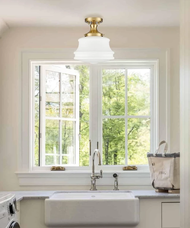 Alt view image 5 of 7 - Modern Brass Schoolhouse Semi Flush Ceiling Light, Opal Milk Glass