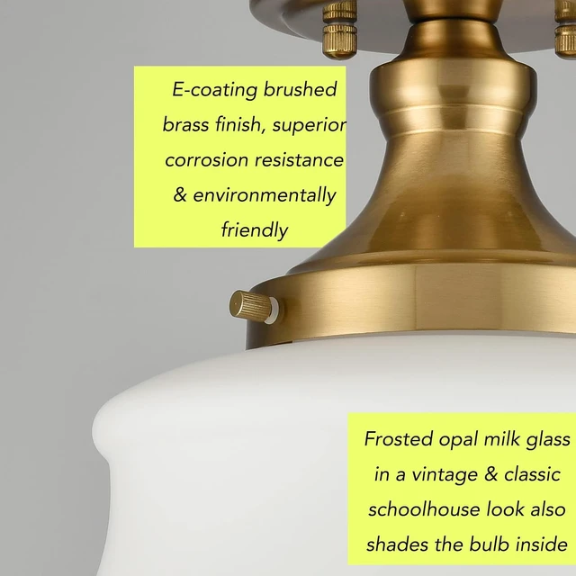 Alt view image 4 of 7 - Modern Brass Schoolhouse Semi Flush Ceiling Light, Opal Milk Glass