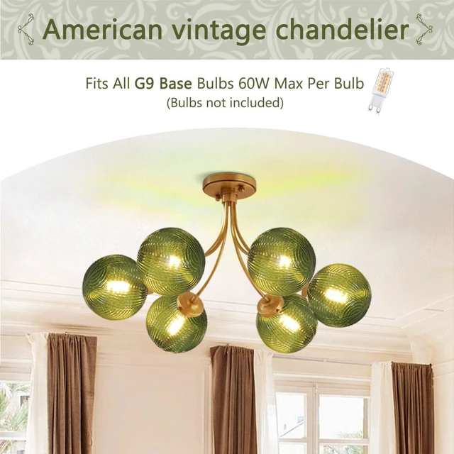 Alt view image 2 of 7 - Mid Century 6-Light Gold Chandelier Green Flush Mount Ceiling Light