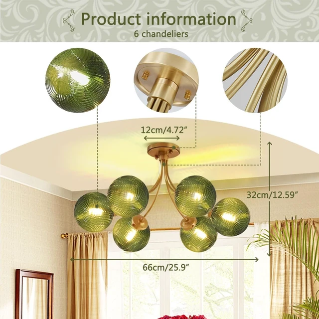 Alt view image 3 of 7 - Mid Century 6-Light Gold Chandelier Green Flush Mount Ceiling Light