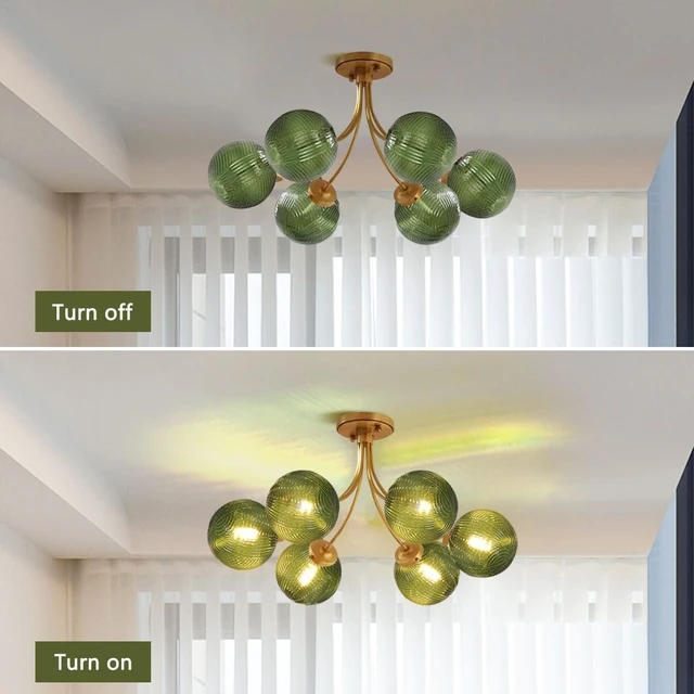 Alt view image 4 of 7 - Mid Century 6-Light Gold Chandelier Green Flush Mount Ceiling Light