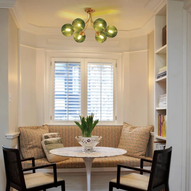 Alt view image 5 of 7 - Mid Century 6-Light Gold Chandelier Green Flush Mount Ceiling Light