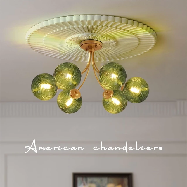 Alt view image 6 of 7 - Mid Century 6-Light Gold Chandelier Green Flush Mount Ceiling Light