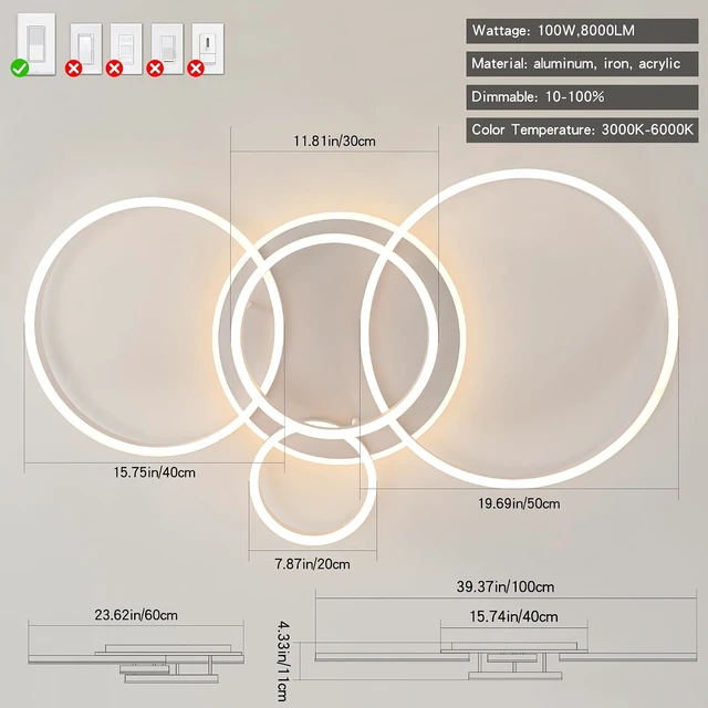 Alt view image 4 of 7 - O'NEELDY 5-Light White LED Flush Mount, 100W Chandelier with Remote