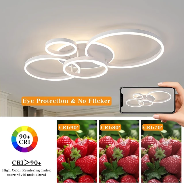 Alt view image 7 of 7 - O'NEELDY 5-Light White LED Flush Mount, 100W Chandelier with Remote