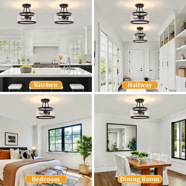 Alt view image 2 of 7 - Black Semi Flush Mount Ceiling Light Modern Glass Hallway Light fixtures