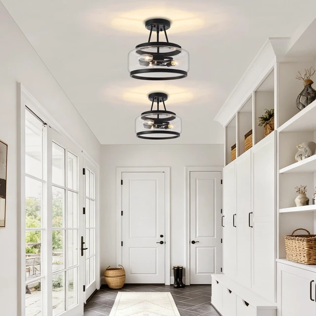 Alt view image 3 of 7 - Black Semi Flush Mount Ceiling Light Modern Glass Hallway Light fixtures