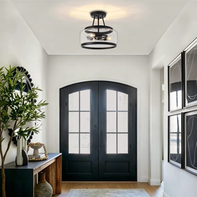 Alt view image 4 of 7 - Black Semi Flush Mount Ceiling Light Modern Glass Hallway Light fixtures