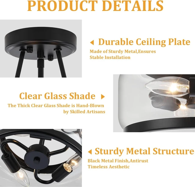 Alt view image 5 of 7 - Black Semi Flush Mount Ceiling Light Modern Glass Hallway Light fixtures