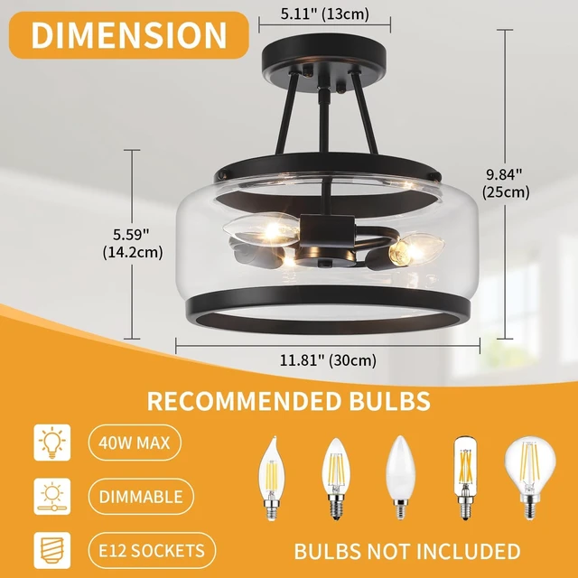 Alt view image 6 of 7 - Black Semi Flush Mount Ceiling Light Modern Glass Hallway Light fixtures