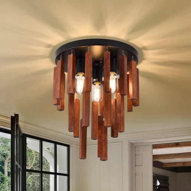 Main image of Farmhouse Flush Mount Ceiling Light Fixture, Rustic 3-Light Wood Strip Close to Ceiling Lights,Retro Vintage Red Oak and Black Kitchen Ceiling Lighting for Hallway Bedroom Entryway Living Dining Room