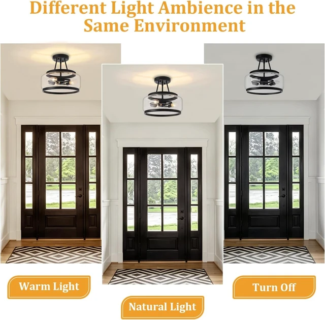 Alt view image 7 of 7 - Black Semi Flush Mount Ceiling Light Modern Glass Hallway Light fixtures