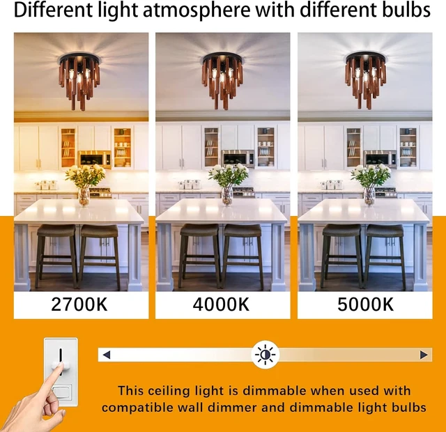 Alt view image 2 of 7 - Farmhouse Flush Mount Ceiling Light Fixture, Rustic 3-Light Wood Strip Close to Ceiling Lights,Retro Vintage Red Oak and Black Kitchen Ceiling Lighting for Hallway Bedroom Entryway Living Dining Room
