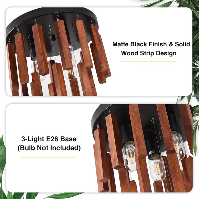 Alt view image 5 of 7 - Farmhouse Flush Mount Ceiling Light Fixture, Rustic 3-Light Wood Strip Close to Ceiling Lights,Retro Vintage Red Oak and Black Kitchen Ceiling Lighting for Hallway Bedroom Entryway Living Dining Room