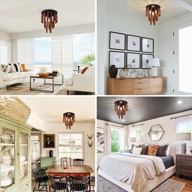 Alt view image 4 of 7 - Farmhouse Flush Mount Ceiling Light Fixture, Rustic 3-Light Wood Strip Close to Ceiling Lights,Retro Vintage Red Oak and Black Kitchen Ceiling Lighting for Hallway Bedroom Entryway Living Dining Room