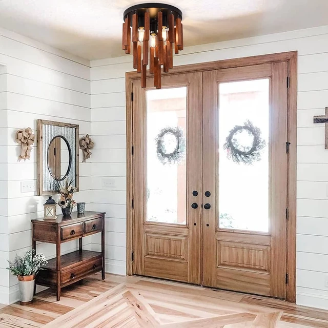 Alt view image 6 of 7 - Farmhouse Flush Mount Ceiling Light Fixture, Rustic 3-Light Wood Strip Close to Ceiling Lights,Retro Vintage Red Oak and Black Kitchen Ceiling Lighting for Hallway Bedroom Entryway Living Dining Room