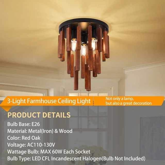 Alt view image 7 of 7 - Farmhouse Flush Mount Ceiling Light Fixture, Rustic 3-Light Wood Strip Close to Ceiling Lights,Retro Vintage Red Oak and Black Kitchen Ceiling Lighting for Hallway Bedroom Entryway Living Dining Room