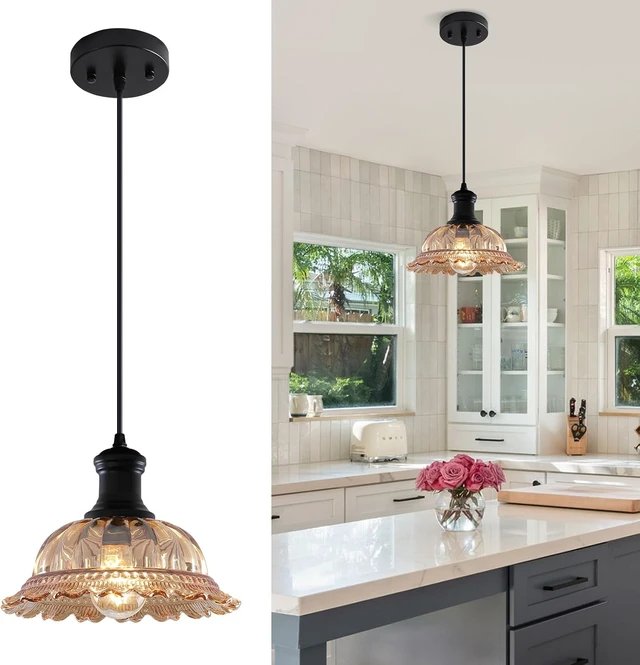 Main image of Gold Pendant Lighting, Vintage Light Fixture with Flower Shade, Adjustable Hanging Light for Kitchen Island, Dining Room, Bedroom, Kitchen Sink